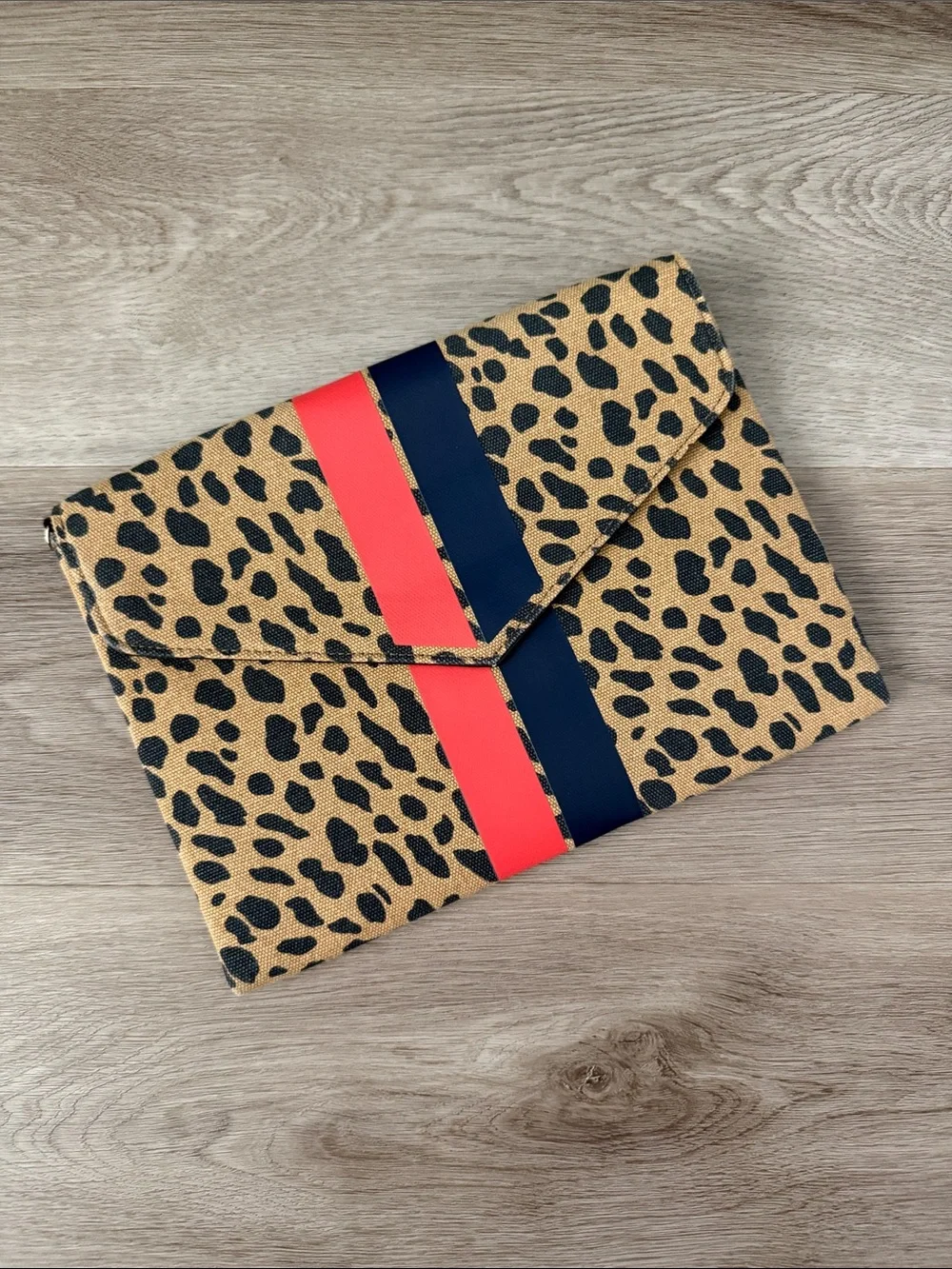 Leopard Print Clutch with Red and Navy Stripe